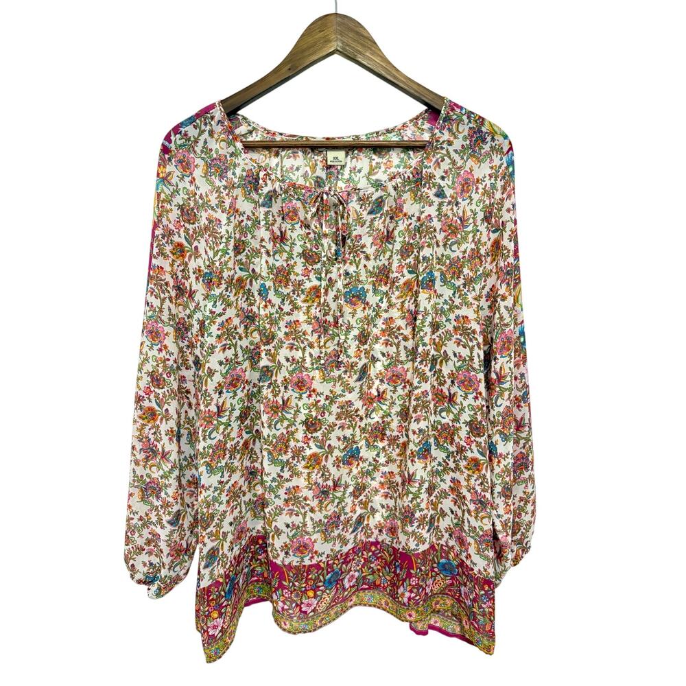 Lucky Brand XXL Boho Floral Tie Neck Blouse Border Print Peasant Top Womens